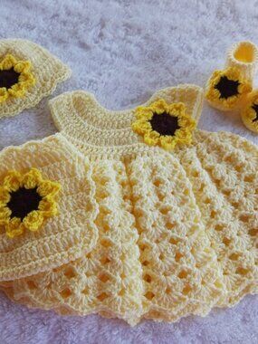 Crochet Baby Girl Yellow Sunflowers Heirloom Dress Set Photo Prop